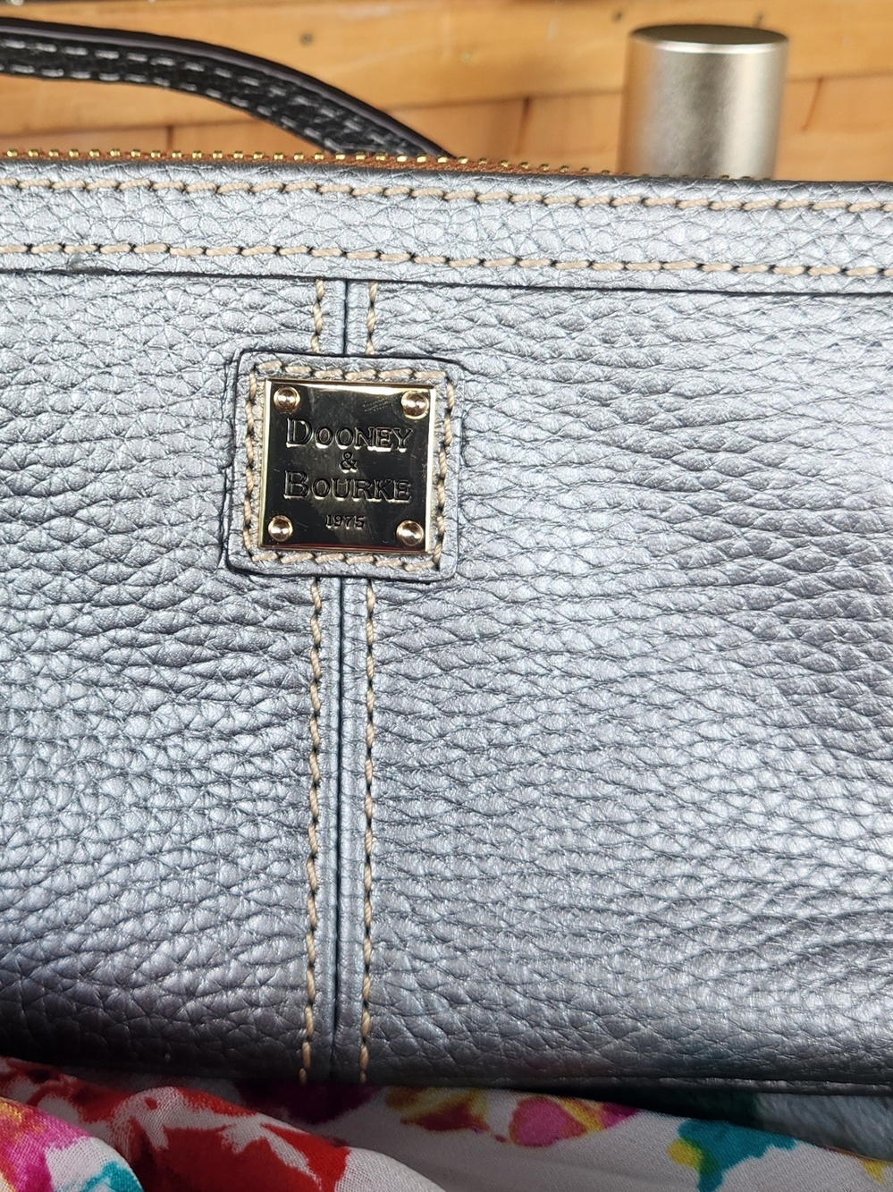 Dooney & Bourke Silver Pebbled Leather Shoulder Bag with Gold Plate